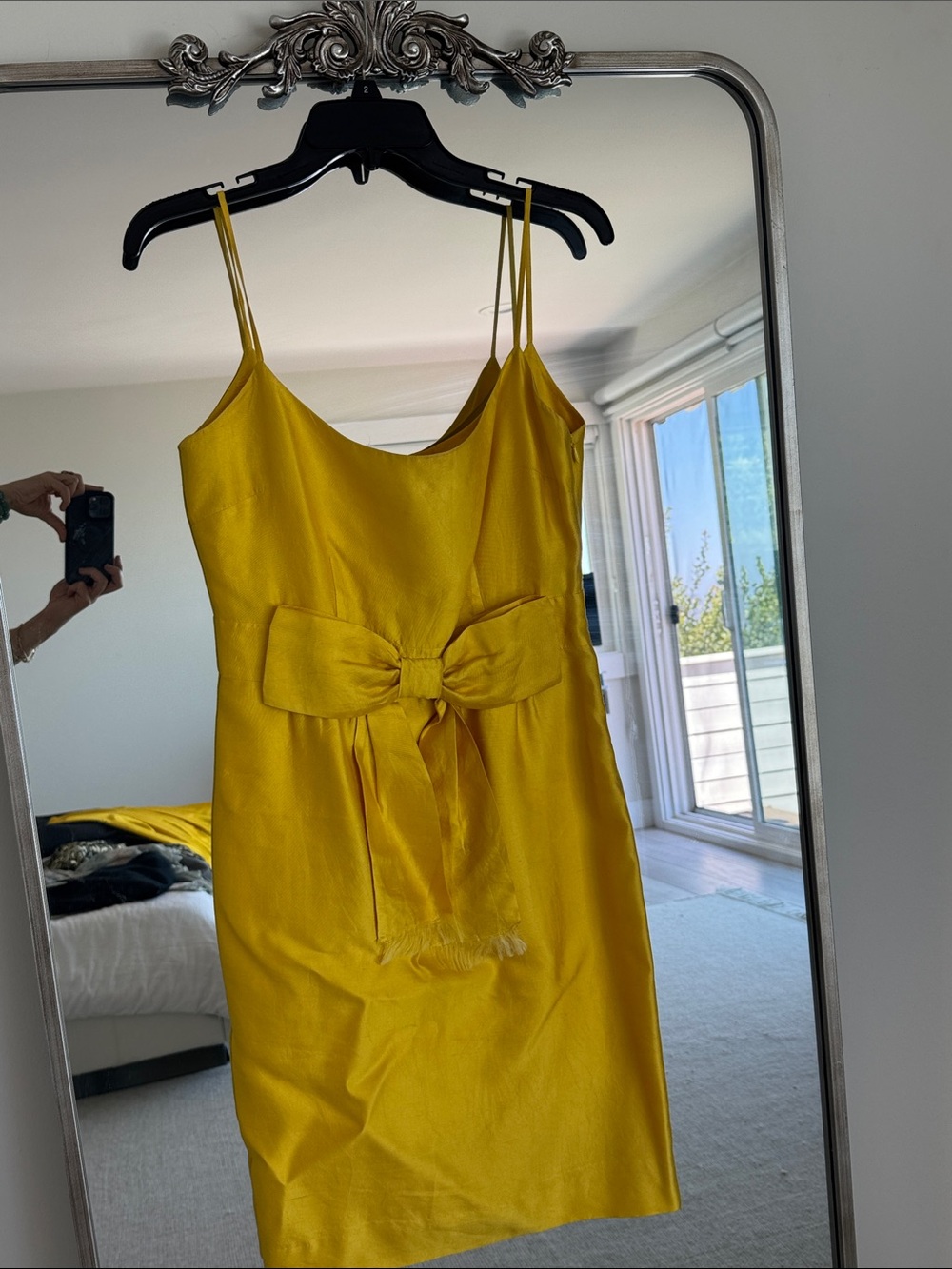 kate spade Bright Yellow Satin Spaghetti-Strap Mini Dress with Waist Bow